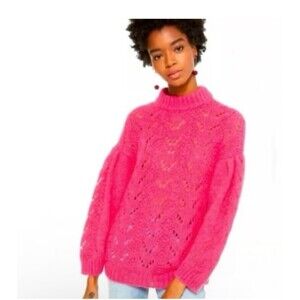 (XS) Kate Spade | Hot Pink Alpaca Wool Pointelle Stitch Puff Sleeve Sweater